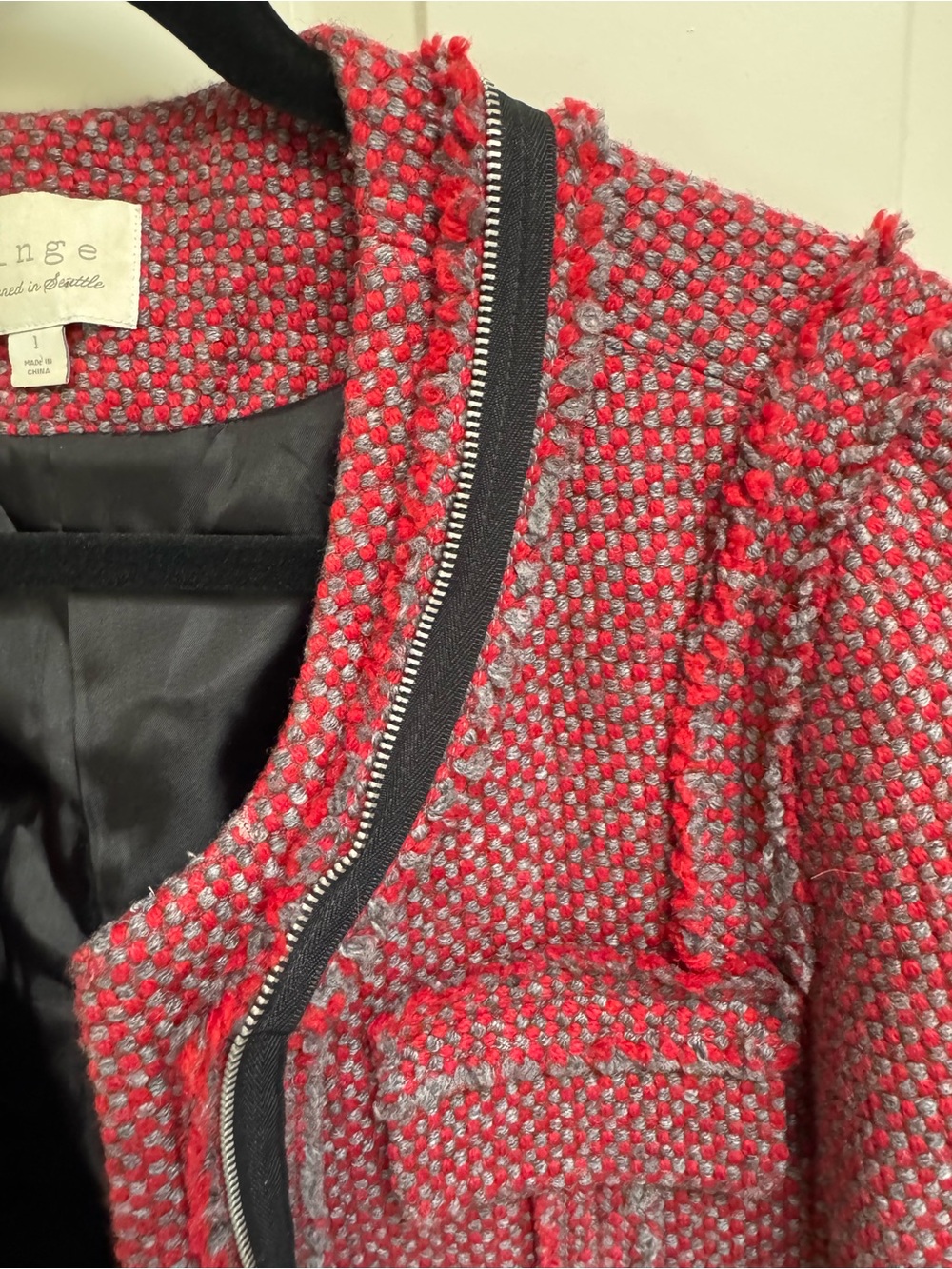 Hinge Designed In Seattle Tweed Red And Grey Cropped Jacket - Picture 3 of 7